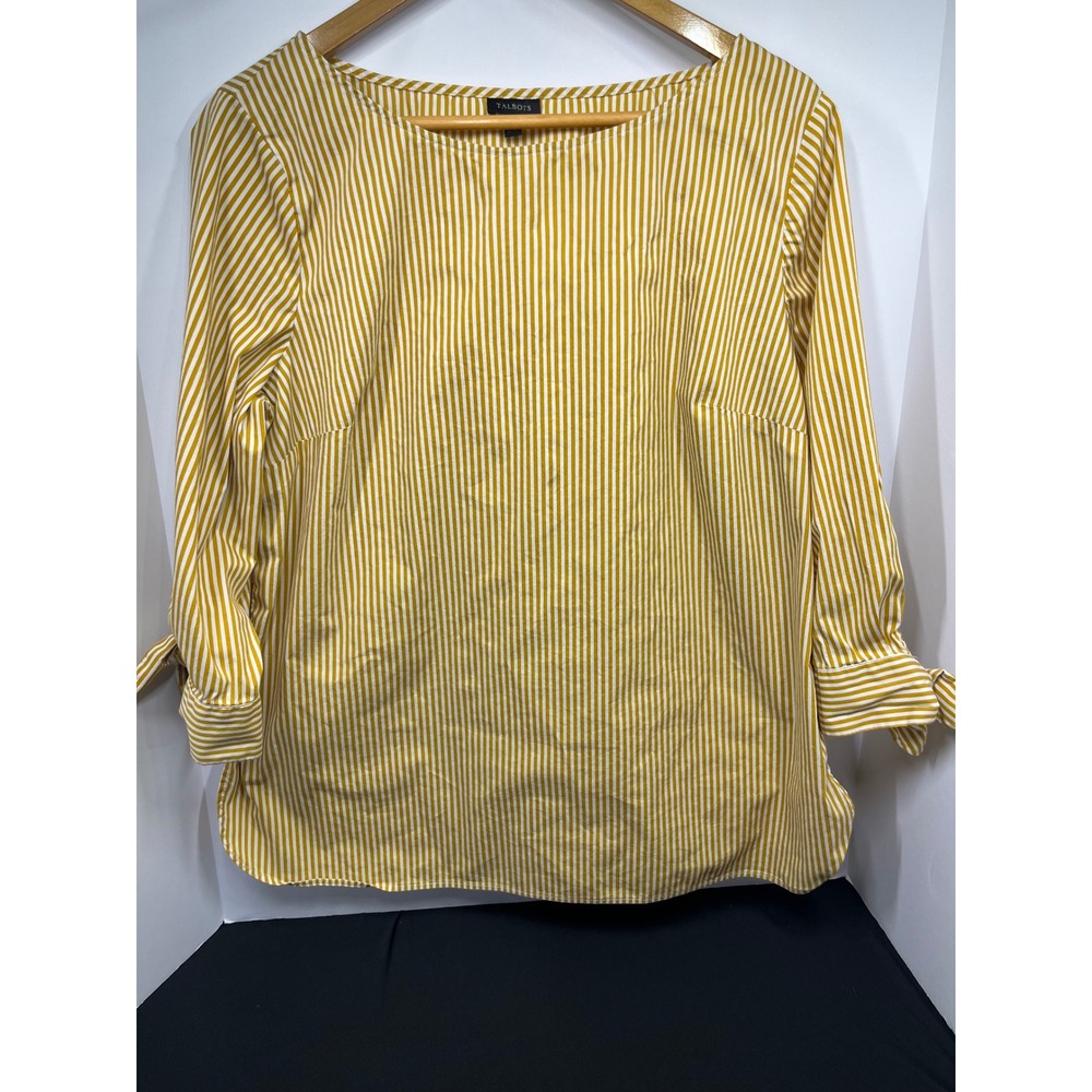 Talbots Mustard Yellow White Striped Boatneck Tie Sleeve Blouse Top Large